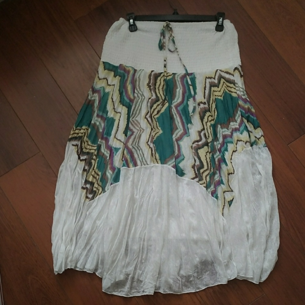 Boho Style Lined Skirt, White with Pattern, One Sz